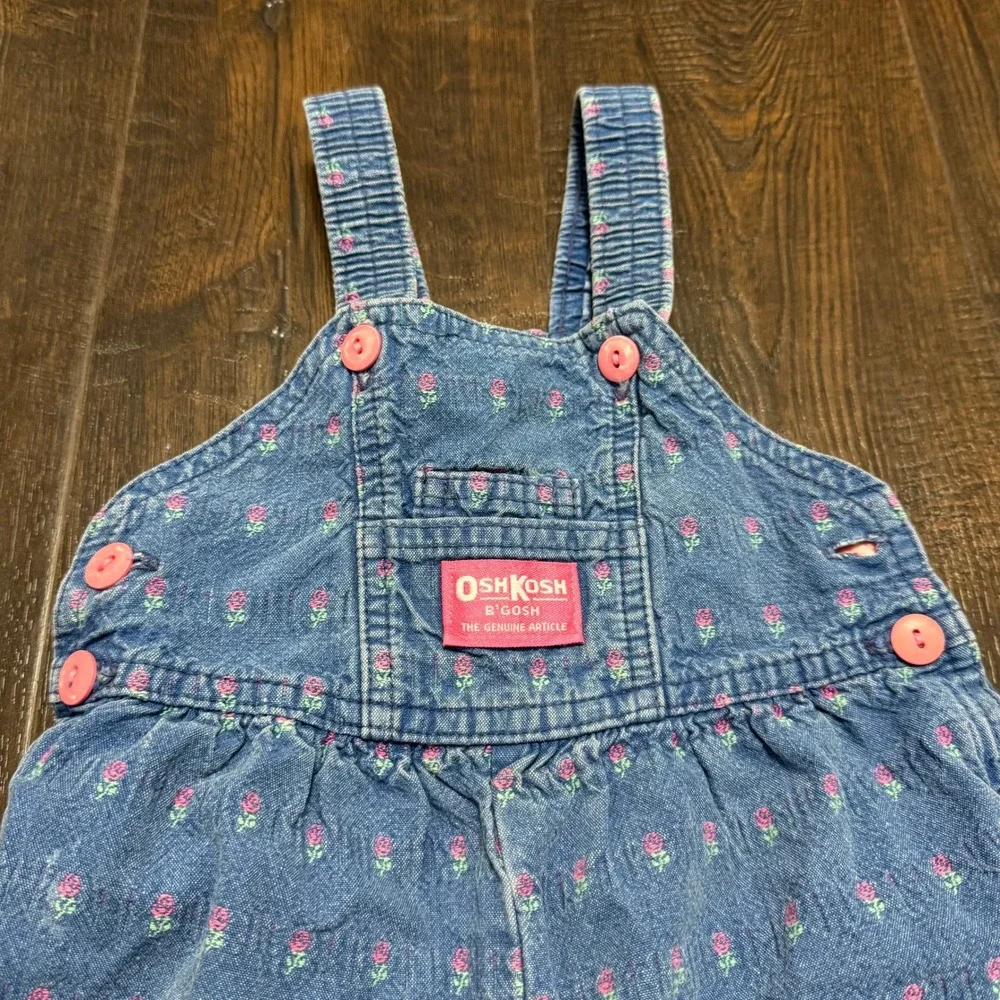 OshKosh Vintage Overalls Floral Print Snap Crotch Denim Romper Made in USA 18 Mo